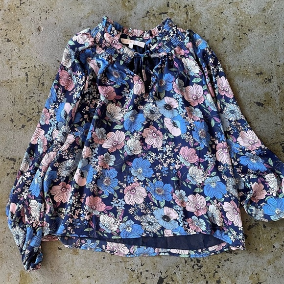 Karlie Tops - Karlie Jardin Keyhole Neck Blouse in Indigo and Pink Floral Print Size Medium